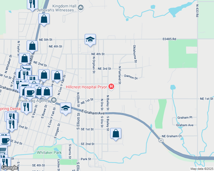 map of restaurants, bars, coffee shops, grocery stores, and more near 1004 Northeast 2nd Street in Pryor