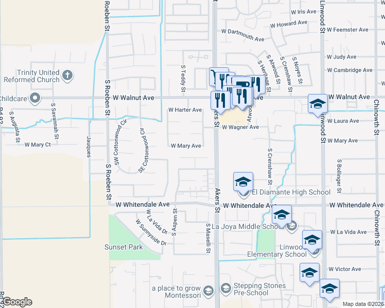 map of restaurants, bars, coffee shops, grocery stores, and more near 5436 West Ashland Court in Visalia
