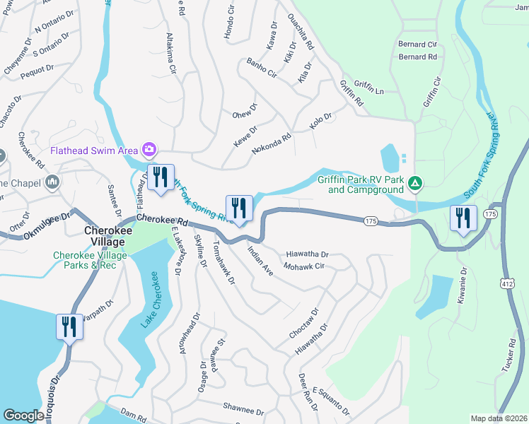 map of restaurants, bars, coffee shops, grocery stores, and more near Cherokee Road in Cherokee Village
