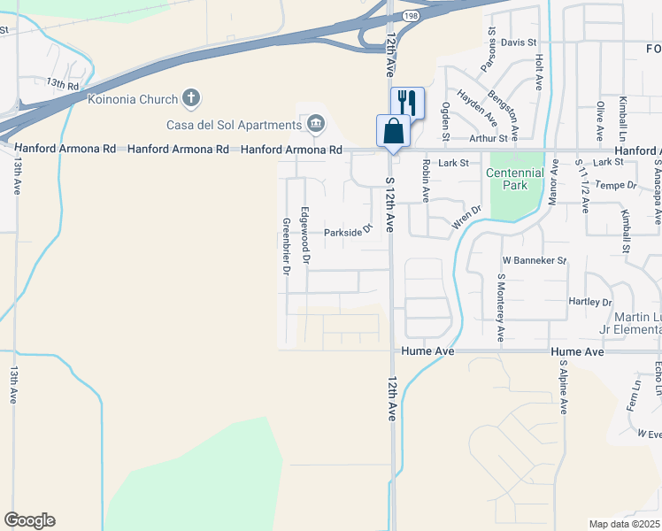 map of restaurants, bars, coffee shops, grocery stores, and more near 1864 West Spring Crest Street in Hanford