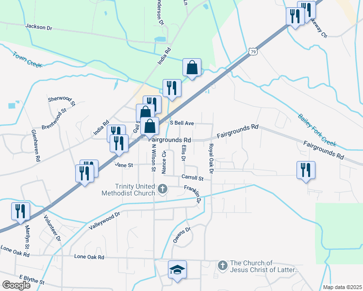 map of restaurants, bars, coffee shops, grocery stores, and more near 204 Fairgrounds Road in Paris