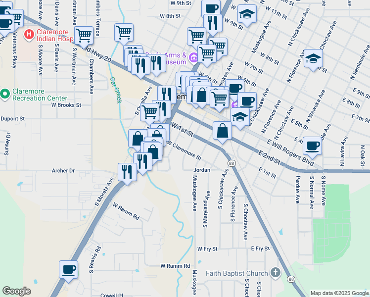 map of restaurants, bars, coffee shops, grocery stores, and more near 329 South Cherokee Avenue in Claremore