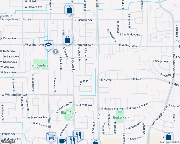 map of restaurants, bars, coffee shops, grocery stores, and more near 2419 South Kloth Drive in Visalia