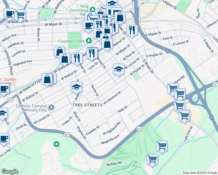 map of restaurants, bars, coffee shops, grocery stores, and more near 412 West Poplar Street in Johnson City