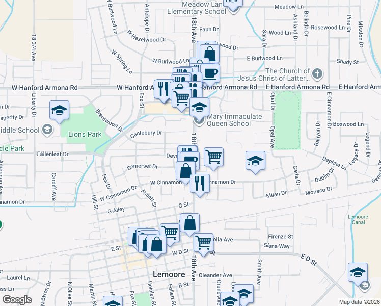 map of restaurants, bars, coffee shops, grocery stores, and more near 24 Devon Drive in Lemoore