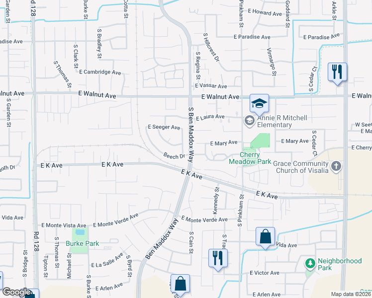 map of restaurants, bars, coffee shops, grocery stores, and more near 2404 South Stover Street in Visalia