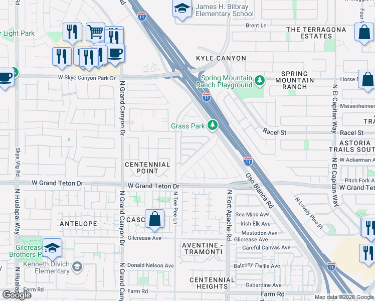 map of restaurants, bars, coffee shops, grocery stores, and more near 9345 West Pearblossom Sky Avenue in Las Vegas