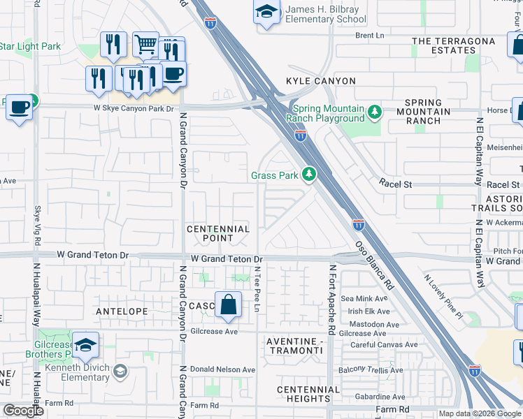 map of restaurants, bars, coffee shops, grocery stores, and more near 9345 West Pearblossom Sky Avenue in Las Vegas