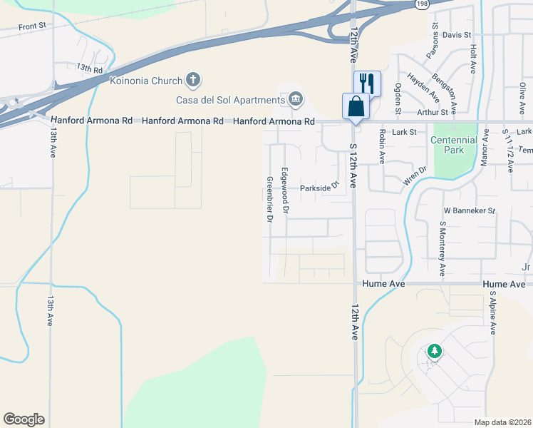 map of restaurants, bars, coffee shops, grocery stores, and more near 1296 Edgewood Drive in Hanford