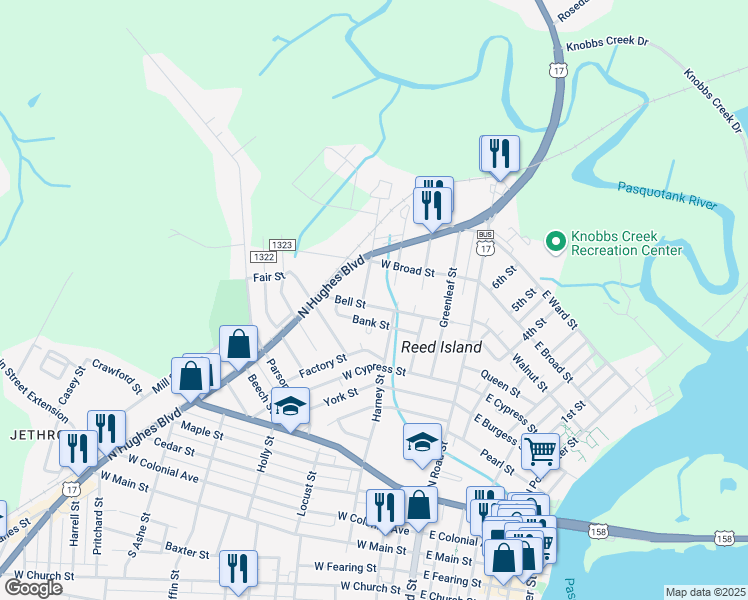 map of restaurants, bars, coffee shops, grocery stores, and more near 410 Bell Street in Elizabeth City