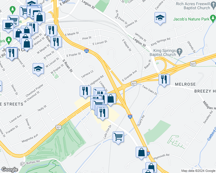 map of restaurants, bars, coffee shops, grocery stores, and more near 1507 Linden Street in Johnson City