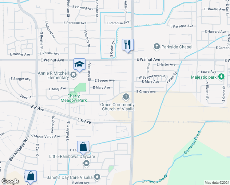 map of restaurants, bars, coffee shops, grocery stores, and more near 2404 South Cedar Court in Visalia