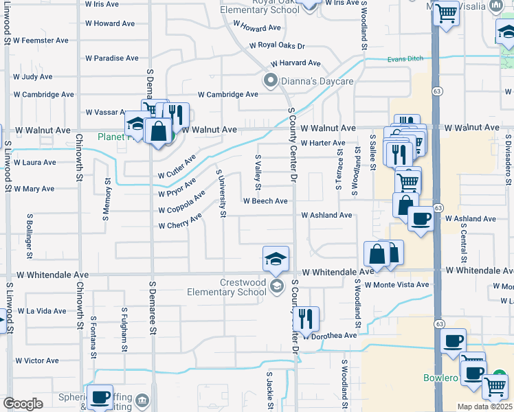 map of restaurants, bars, coffee shops, grocery stores, and more near 3105 West Beech Avenue in Visalia