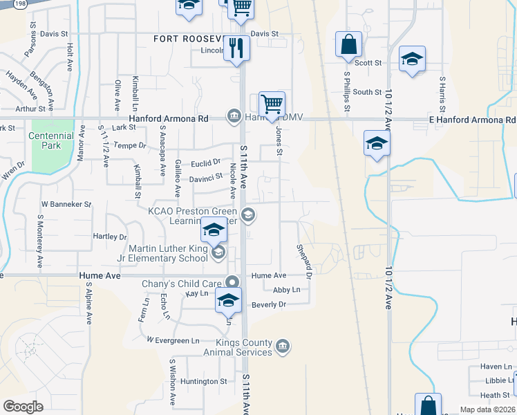 map of restaurants, bars, coffee shops, grocery stores, and more near 10923 Thompson Drive in Hanford