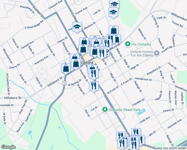 map of restaurants, bars, coffee shops, grocery stores, and more near 105 West Spring Street in Oxford