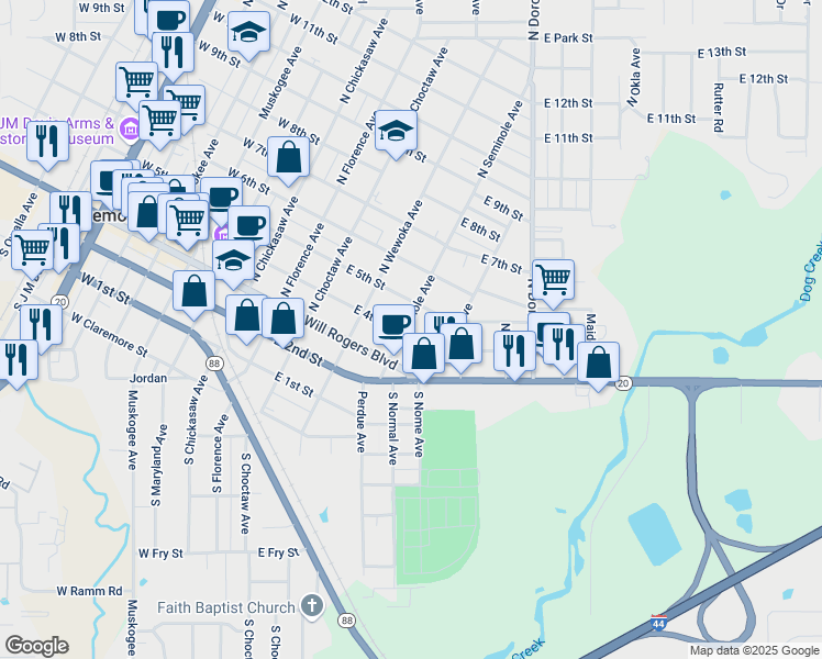 map of restaurants, bars, coffee shops, grocery stores, and more near 212 North Seminole Avenue in Claremore