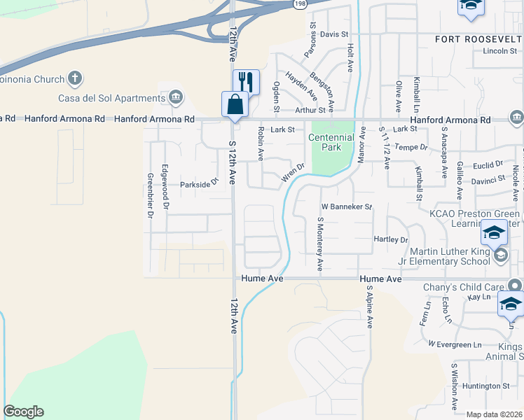 map of restaurants, bars, coffee shops, grocery stores, and more near 1595 Springcrest Street in Hanford