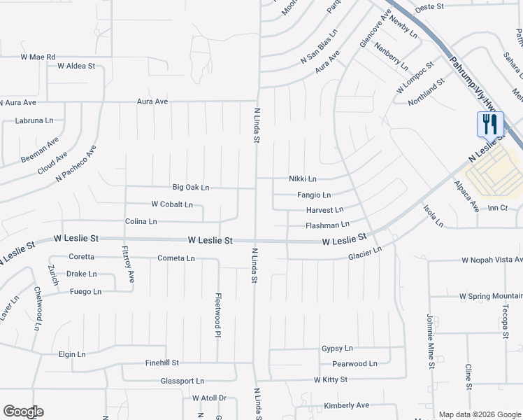 map of restaurants, bars, coffee shops, grocery stores, and more near 6101 North Linda Street in Pahrump