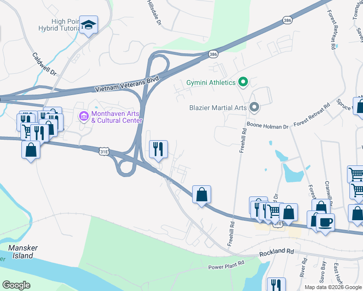 map of restaurants, bars, coffee shops, grocery stores, and more near 1070 West Main Street in Hendersonville