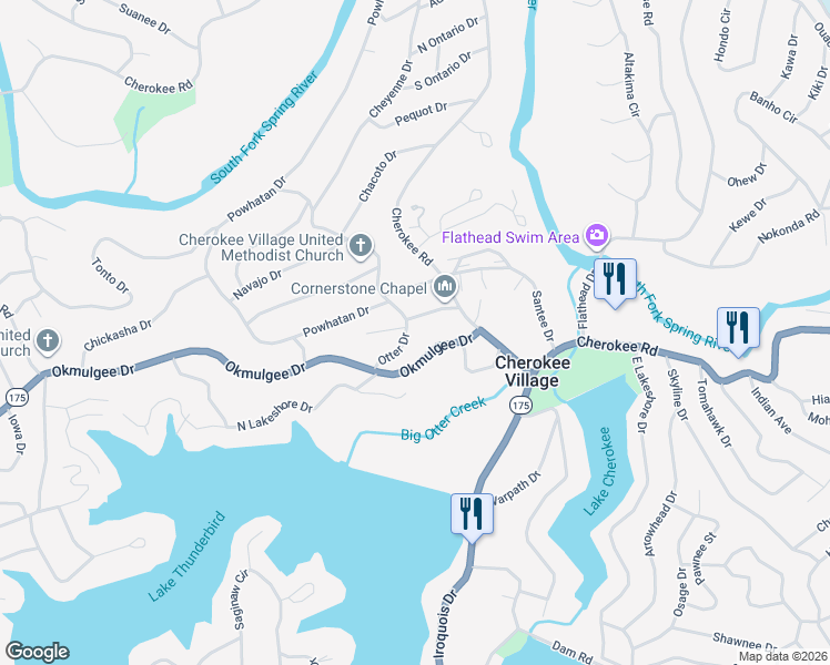 map of restaurants, bars, coffee shops, grocery stores, and more near 8 Otter Drive in Cherokee Village