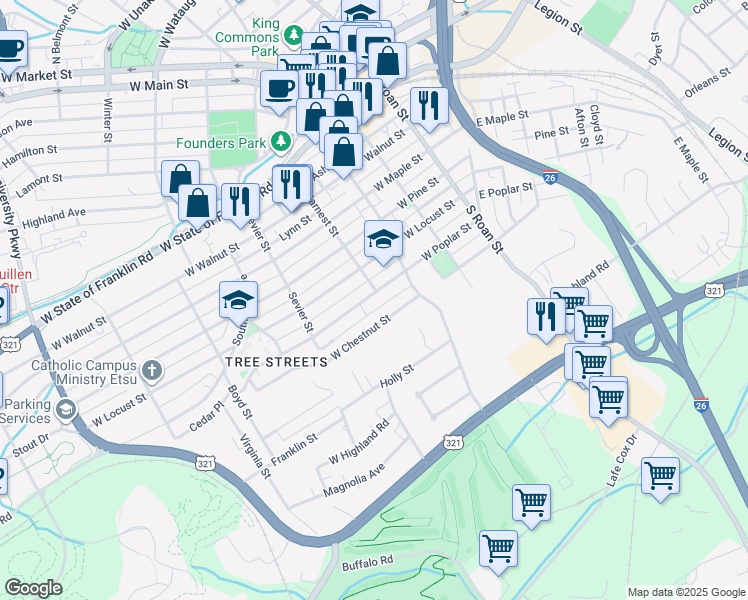 map of restaurants, bars, coffee shops, grocery stores, and more near 313 West Poplar Street in Johnson City