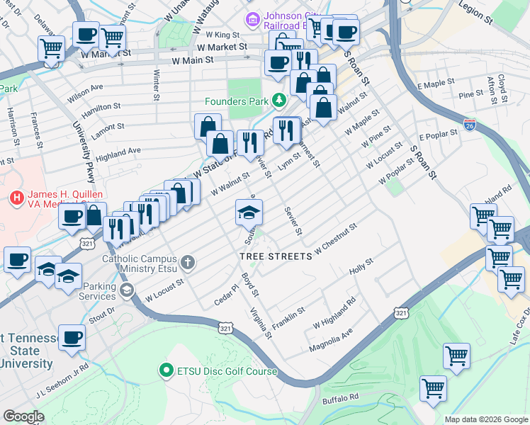 map of restaurants, bars, coffee shops, grocery stores, and more near West Pine Street in Johnson City