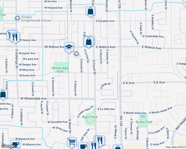 map of restaurants, bars, coffee shops, grocery stores, and more near 2405 South Court Street in Visalia