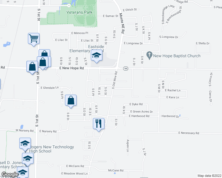 map of restaurants, bars, coffee shops, grocery stores, and more near 2004 South Old Wire Road in Rogers