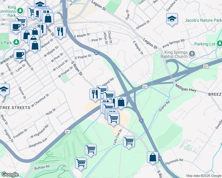 map of restaurants, bars, coffee shops, grocery stores, and more near 1504 Linden Street in Johnson City