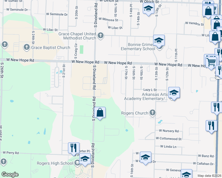 map of restaurants, bars, coffee shops, grocery stores, and more near 1954 South 18th Street in Rogers