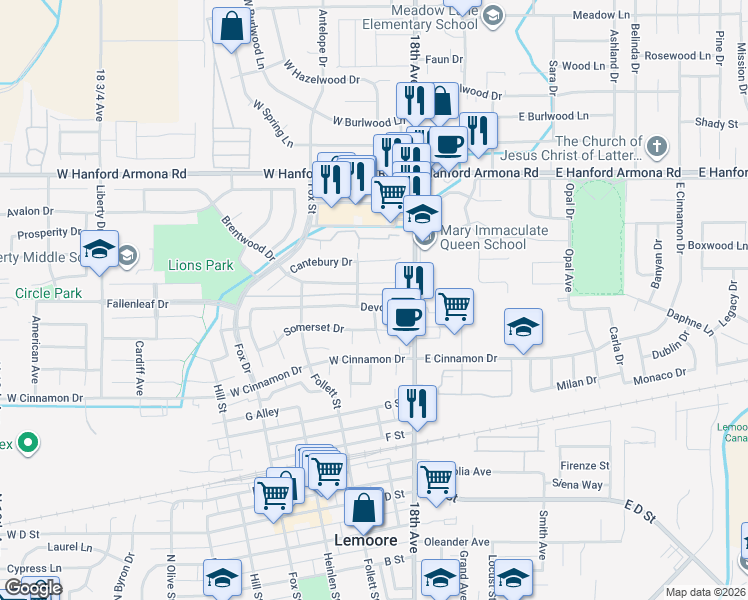 map of restaurants, bars, coffee shops, grocery stores, and more near 120 Devon Drive in Lemoore