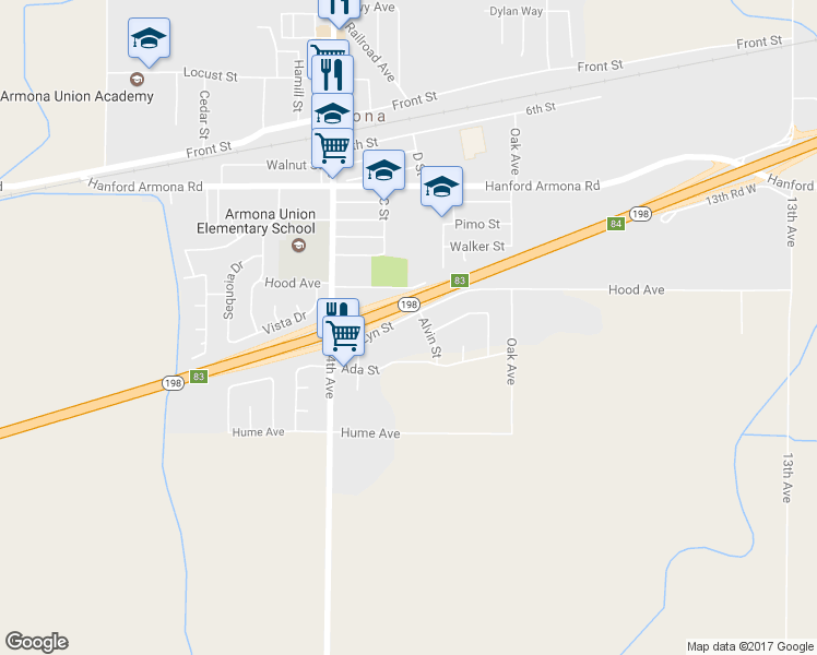 map of restaurants, bars, coffee shops, grocery stores, and more near 13835 Lyn Street in Armona