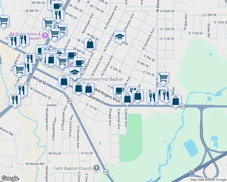 map of restaurants, bars, coffee shops, grocery stores, and more near 415 East 4th Street in Claremore