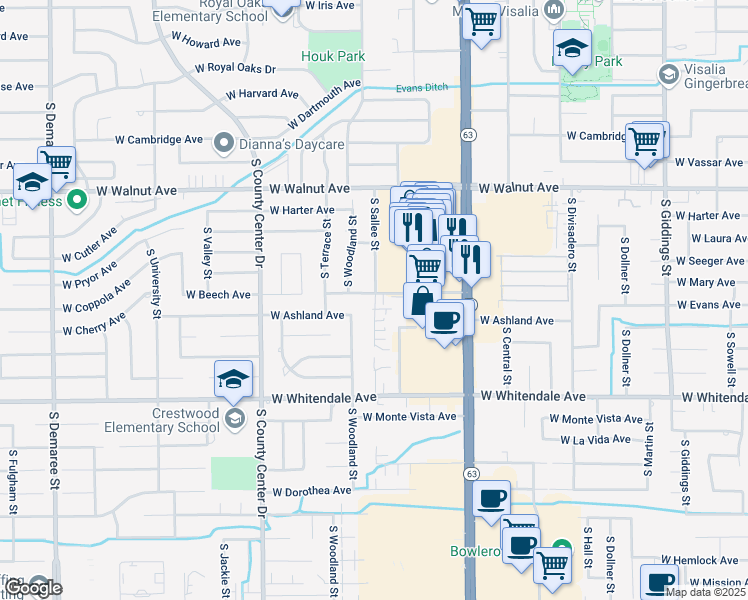 map of restaurants, bars, coffee shops, grocery stores, and more near 2408 South Sallee Street in Visalia