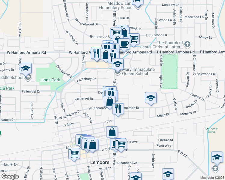 map of restaurants, bars, coffee shops, grocery stores, and more near 24 Devon Drive in Lemoore