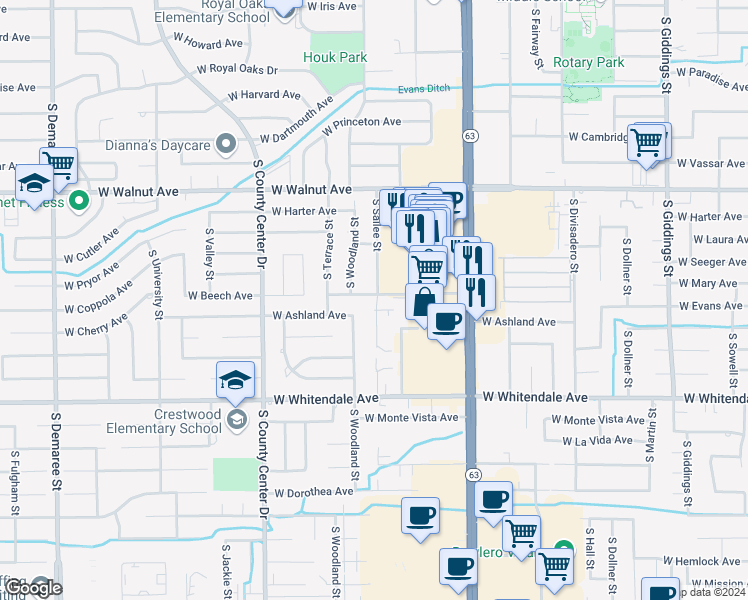 map of restaurants, bars, coffee shops, grocery stores, and more near 2408 South Sallee Street in Visalia