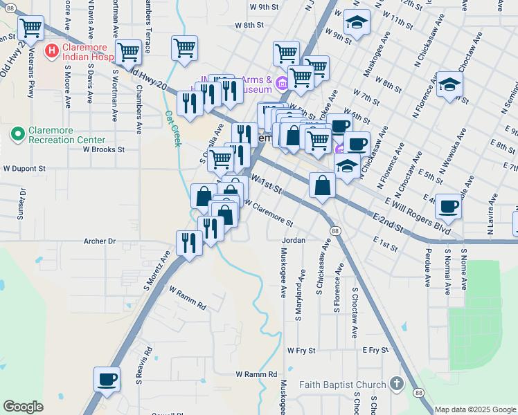 map of restaurants, bars, coffee shops, grocery stores, and more near 329 South Cherokee Avenue in Claremore