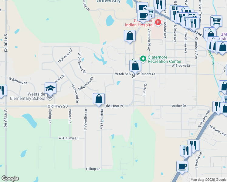 map of restaurants, bars, coffee shops, grocery stores, and more near 2002 Charlestown Circle in Claremore