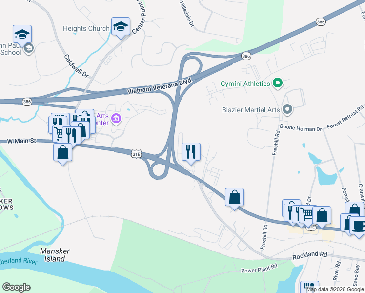 map of restaurants, bars, coffee shops, grocery stores, and more near 1003 Tennessee 6 in Hendersonville