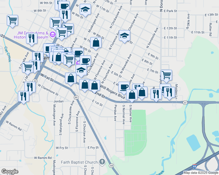 map of restaurants, bars, coffee shops, grocery stores, and more near 322 East Will Rogers Boulevard in Claremore
