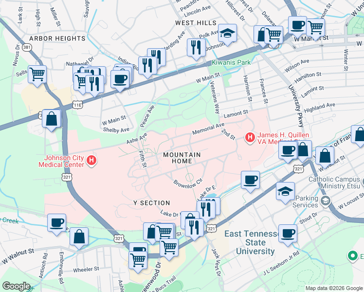 map of restaurants, bars, coffee shops, grocery stores, and more near Maple Avenue in Johnson City