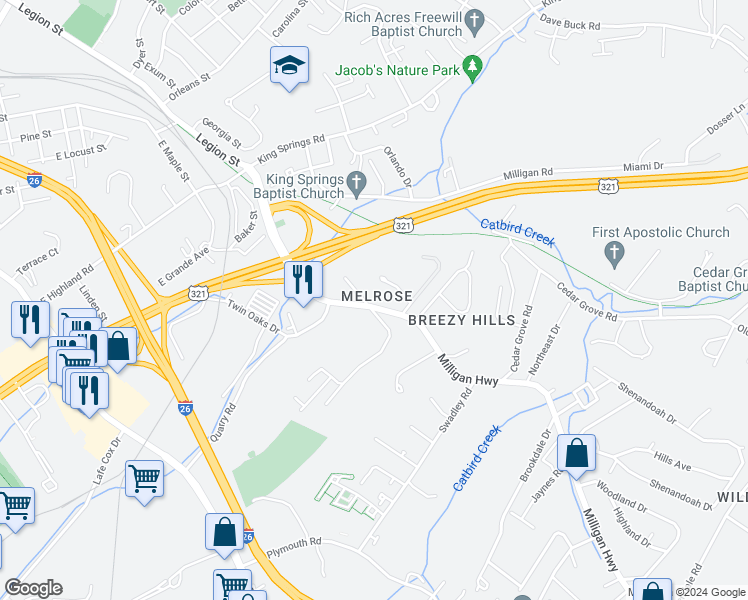 map of restaurants, bars, coffee shops, grocery stores, and more near 701 Milligan Highway in Johnson City