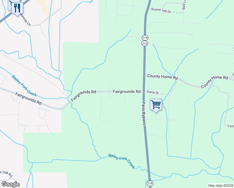 map of restaurants, bars, coffee shops, grocery stores, and more near 1650 Fairgrounds Road in Paris