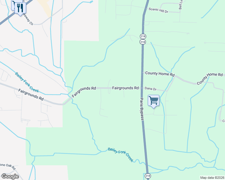 map of restaurants, bars, coffee shops, grocery stores, and more near 1650 Fairgrounds Road in Paris