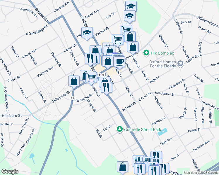 map of restaurants, bars, coffee shops, grocery stores, and more near 105 West Spring Street in Oxford