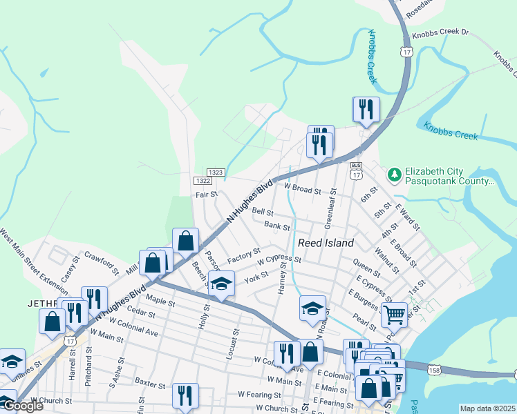 map of restaurants, bars, coffee shops, grocery stores, and more near 512 Bell Street in Elizabeth City