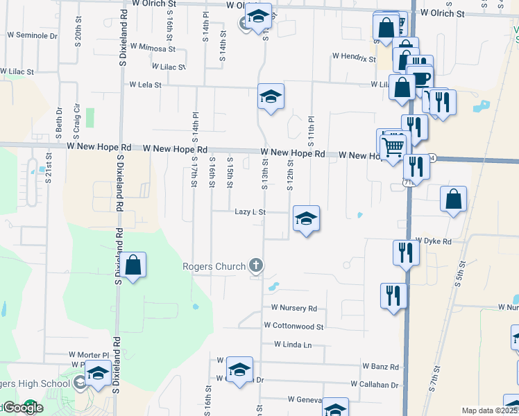 map of restaurants, bars, coffee shops, grocery stores, and more near 1221 West Lazy L Street in Rogers