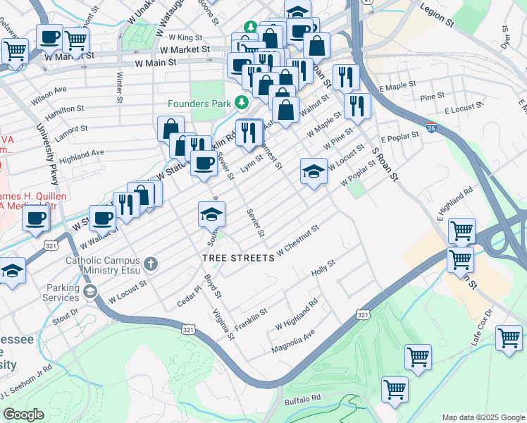 map of restaurants, bars, coffee shops, grocery stores, and more near 428 West Locust Street in Johnson City