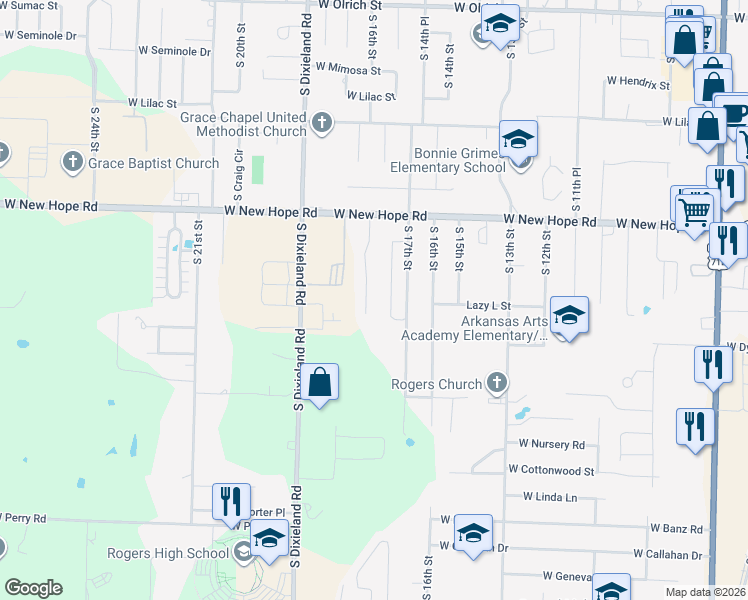 map of restaurants, bars, coffee shops, grocery stores, and more near 1954 South 18th Street in Rogers