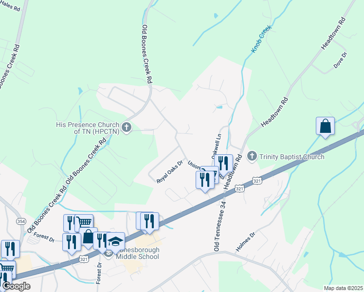 map of restaurants, bars, coffee shops, grocery stores, and more near 202 Union Church Road in Jonesborough